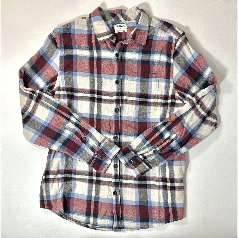 NWT Hurley Shirt Small Organic Red Blue Plaid Flannel Long Sleeve Button Casual